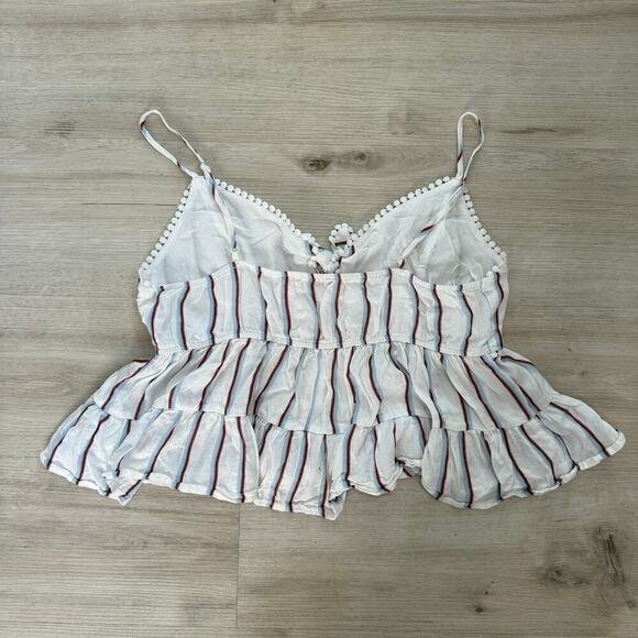 Francesca's Alanna Striped Pom Trim Tank Top Tie Front Cropped Peplum Size Large - Picture 3 of 5